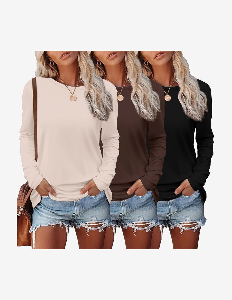 3-pack long-sleeve thermal tops: beige, brown, black; crew neck; long sleeves
