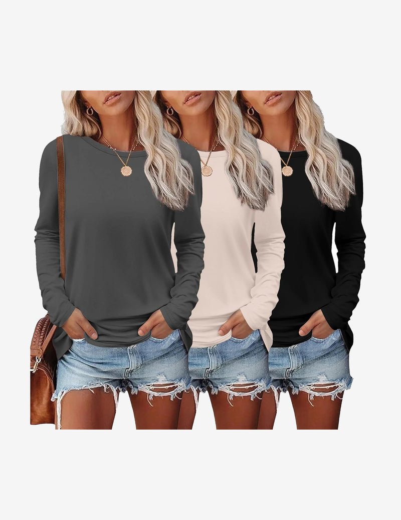 3-pack long-sleeve thermal tops: dark gray, light gray, black; crew neck; long sleeves