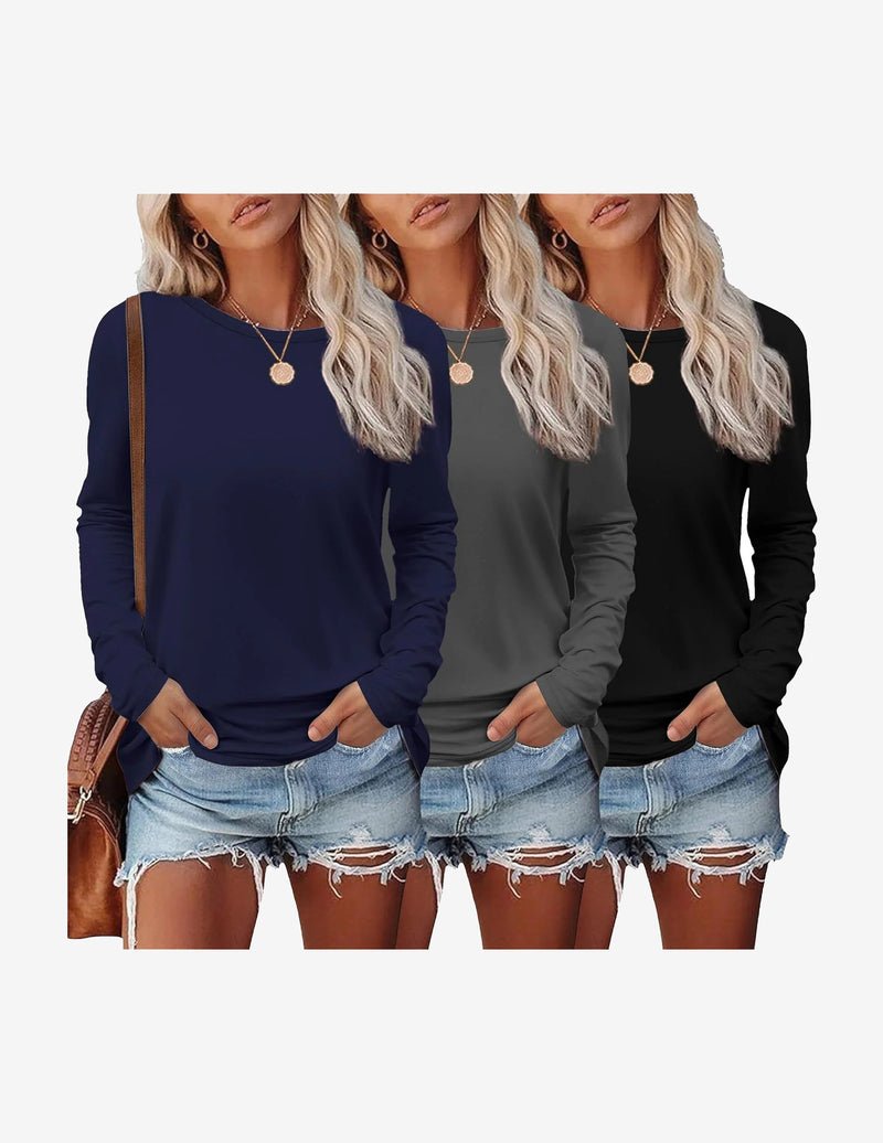 3-pack long-sleeve thermal tops: navy, dark gray, black; crew neck; long sleeves