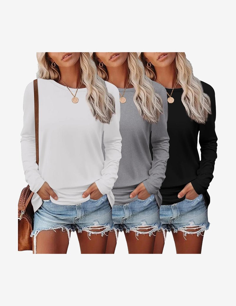 3-pack long-sleeve thermal tops: white, gray, black; crew neck; long sleeves