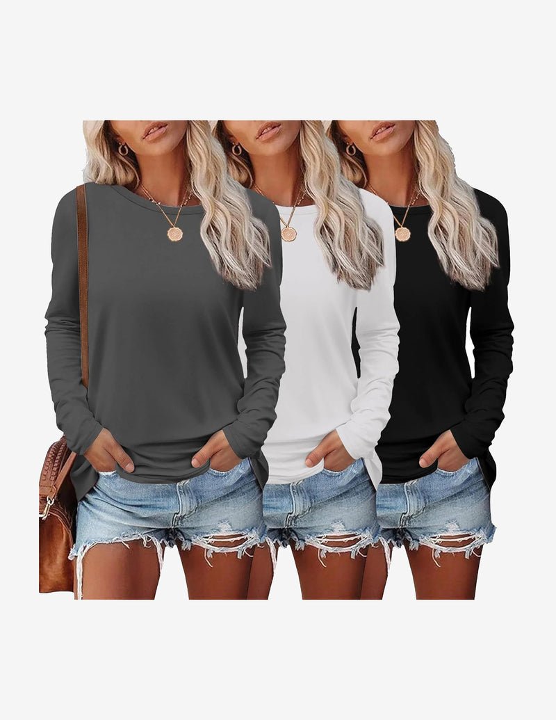 3-pack long-sleeve thermal tops: charcoal, white, black; crew neck; long sleeves