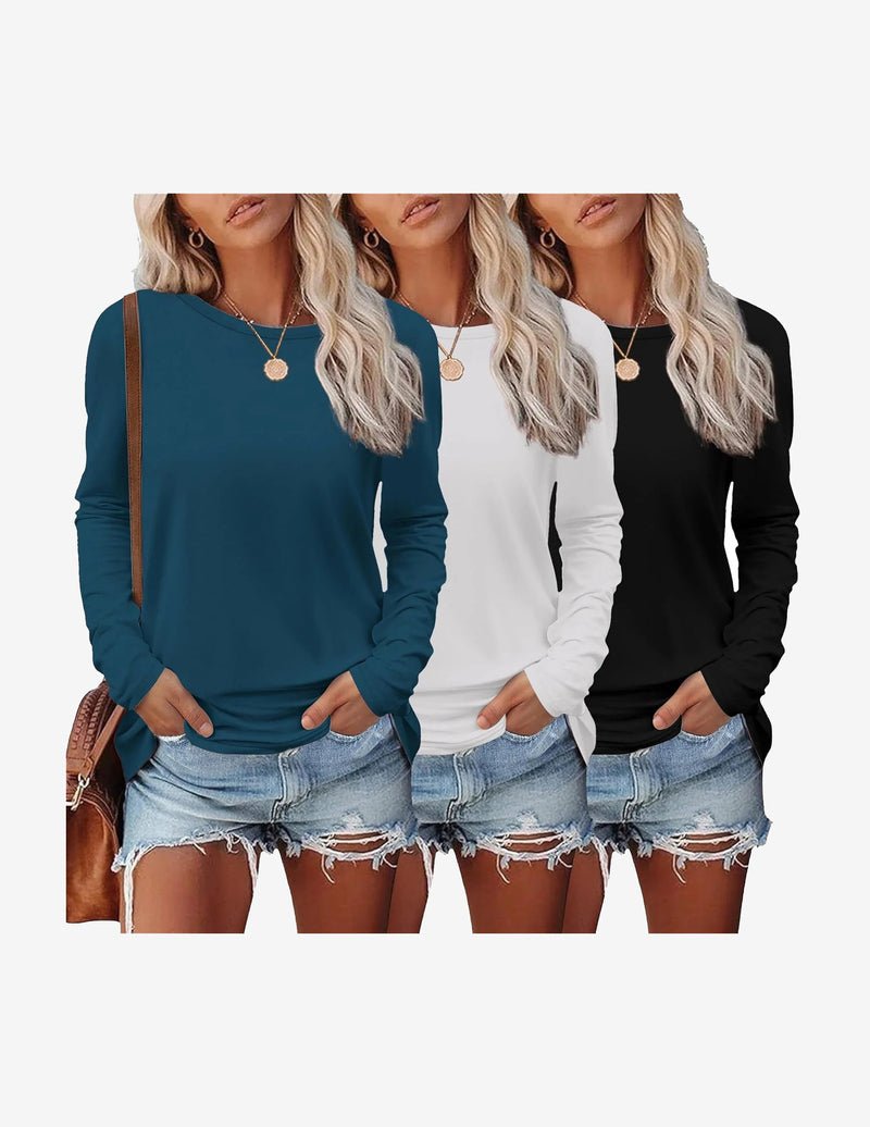 3-pack long-sleeve thermal tops: teal, white, black; crew neck; long sleeves