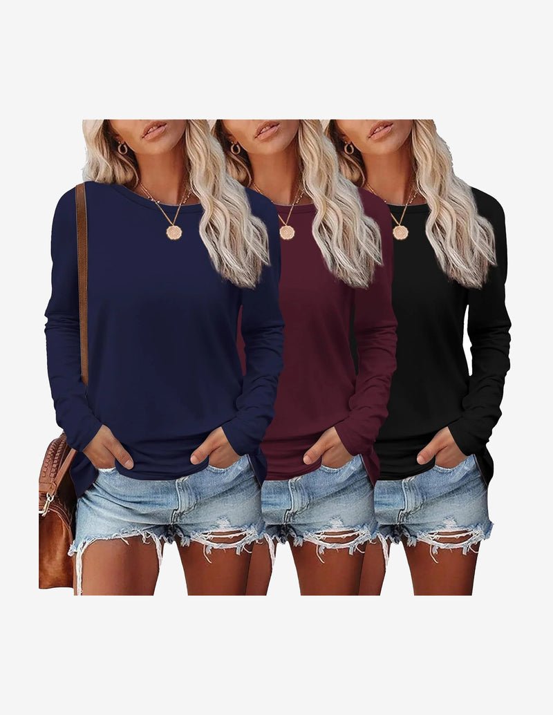 3-pack long-sleeve thermal tops: navy, burgundy, black; crew neck; long sleeves