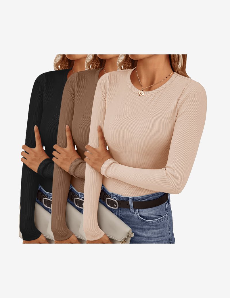 3er-Longsleeve Tops, körpernaher Schnitt, Rundhalsausschnitt; Schwarz, Braun, Beige
