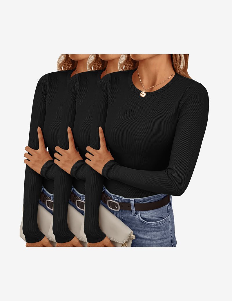 3er-Longsleeve Tops, Rundhalsausschnitt; Schwarz