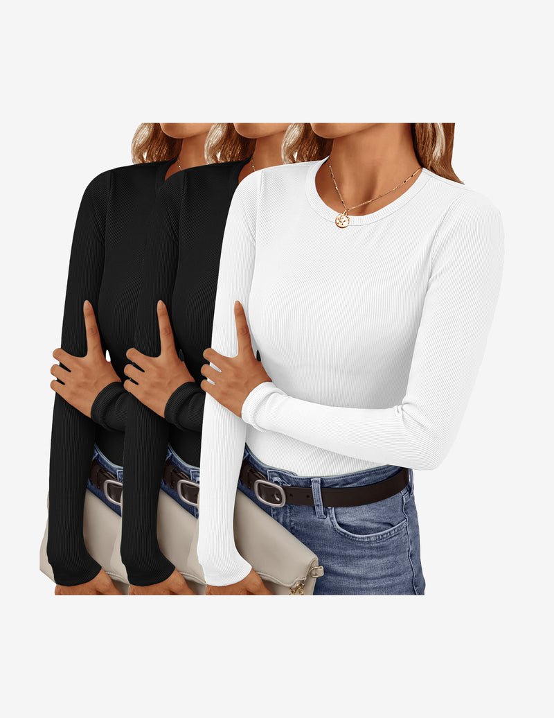 3er-Longsleeve Tops, Rundhalsausschnitt; Schwarz, Weiß
