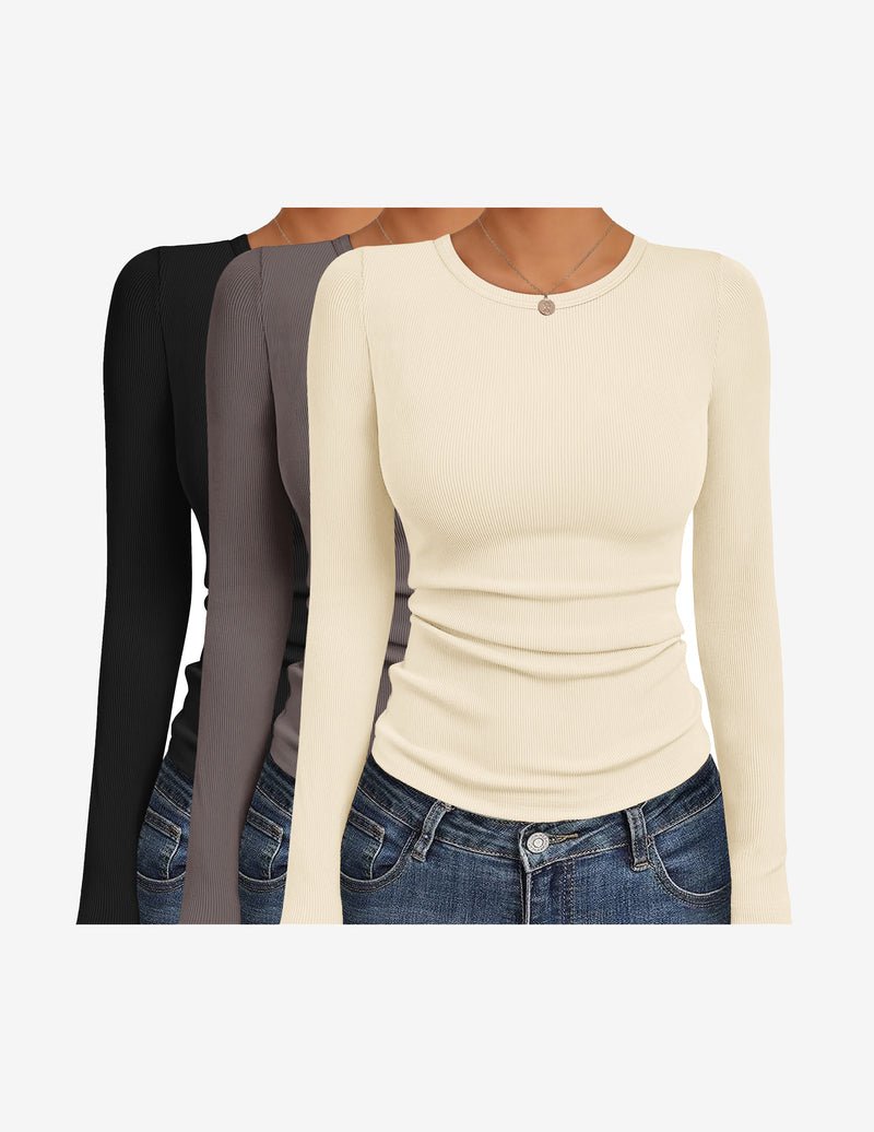 3er-Pack Langarmshirts in Schwarz, Dunkelgrau und Creme mit Rundhalsausschnitt