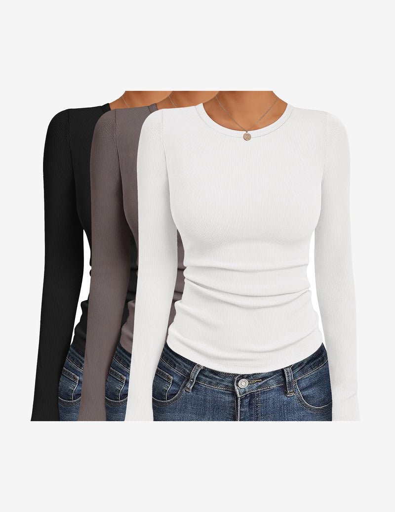 3er-Pack Langarmshirts in Schwarz, Schokobraun und Weiß mit Rundhalsausschnitt
