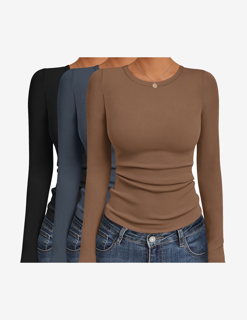 3er-Pack Langarmshirts in Schwarz, Dunkelblau und Braun mit Rundhalsausschnitt