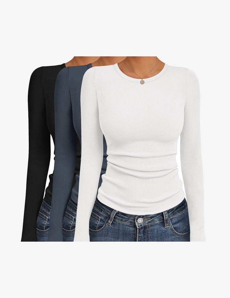 3er-Pack Langarmshirts in Schwarz, Navyblau und Weiß mit Rundhalsausschnitt