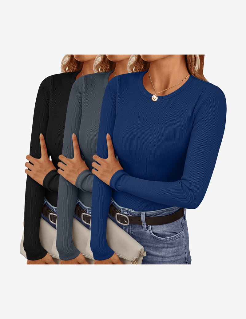 3er-Longsleeve Tops mit Rundhalsausschnitt; Schwarz, Grau, Navy