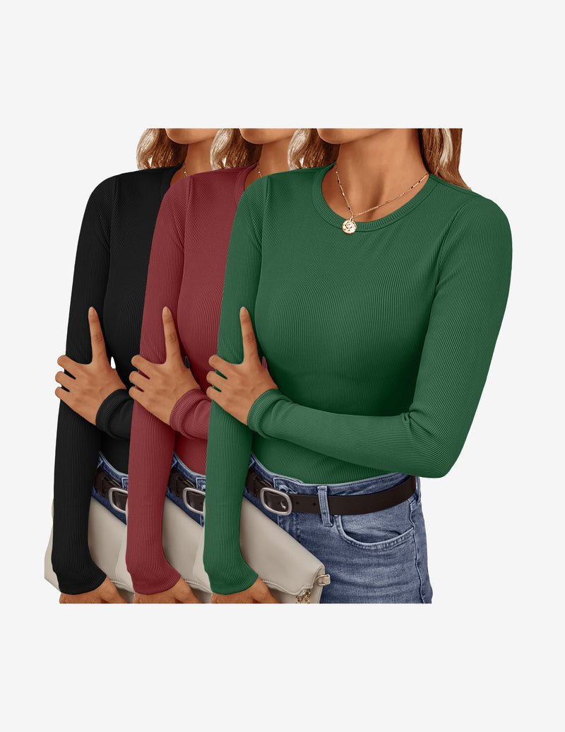 3er-Longsleeve Tops, Rundhalsausschnitt; Schwarz, Bordeaux, Grün