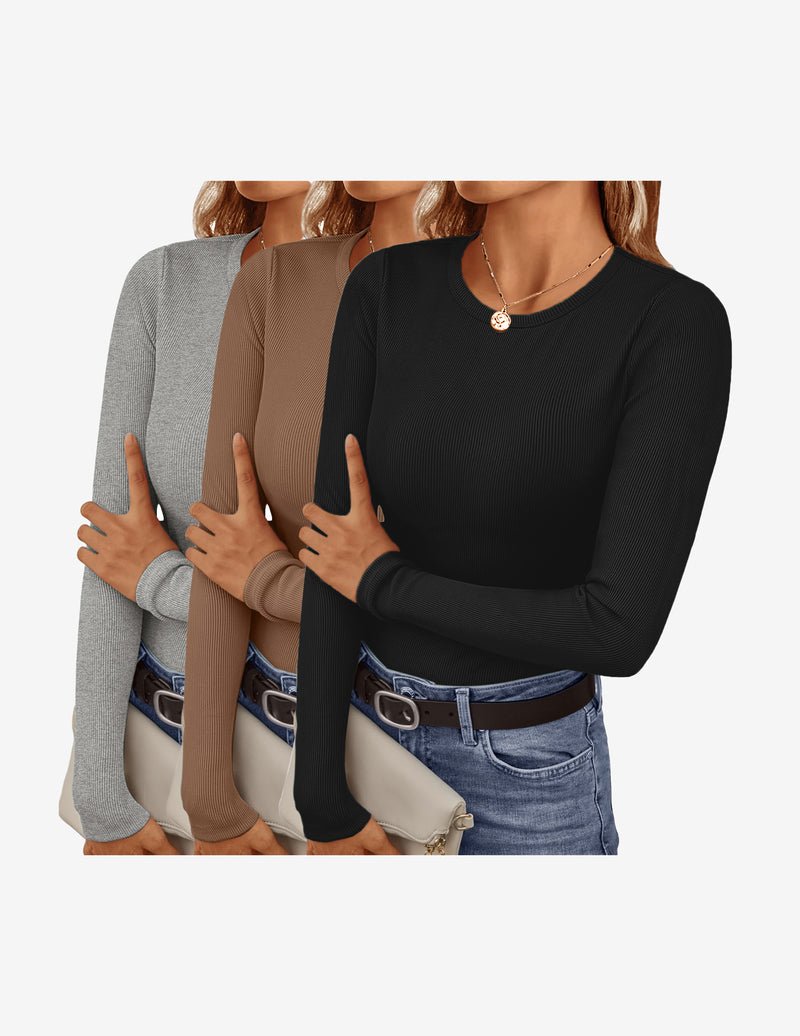 3er-Longsleeve Tops, Rundhalsausschnitt; Schwarz, Dunkelbraun, Grau