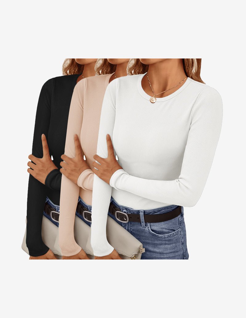 3er-Longsleeve Tops, Rippoptik, Rundhalsausschnitt; Schwarz, Beige, Weiß