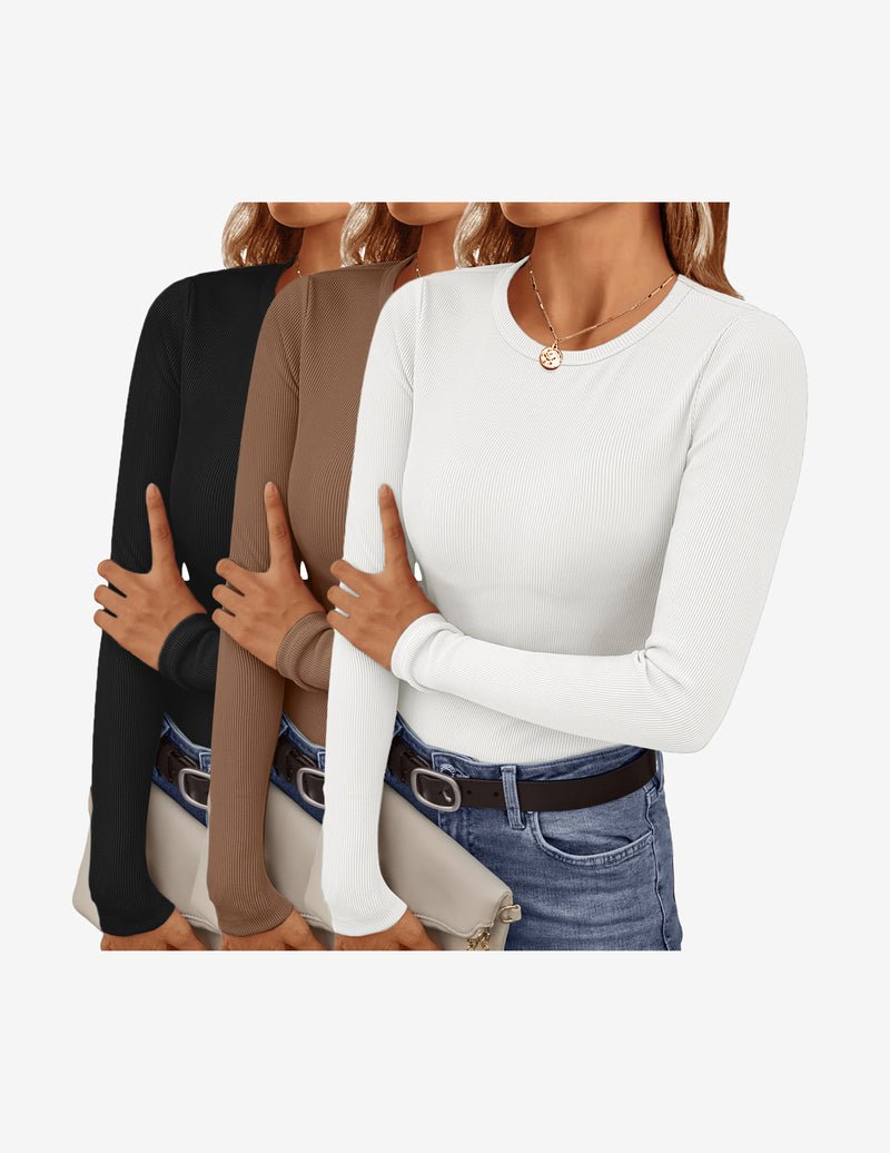 3er-Longsleeve Tops, Rippstruktur, Rundhalsausschnitt; Schwarz, Braun, Weiß