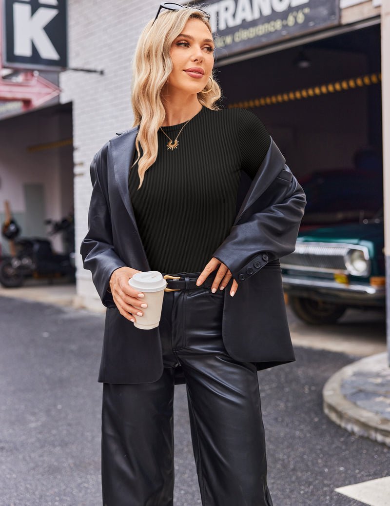 Long-sleeve stretchy top, solid black, ribbed knit texture