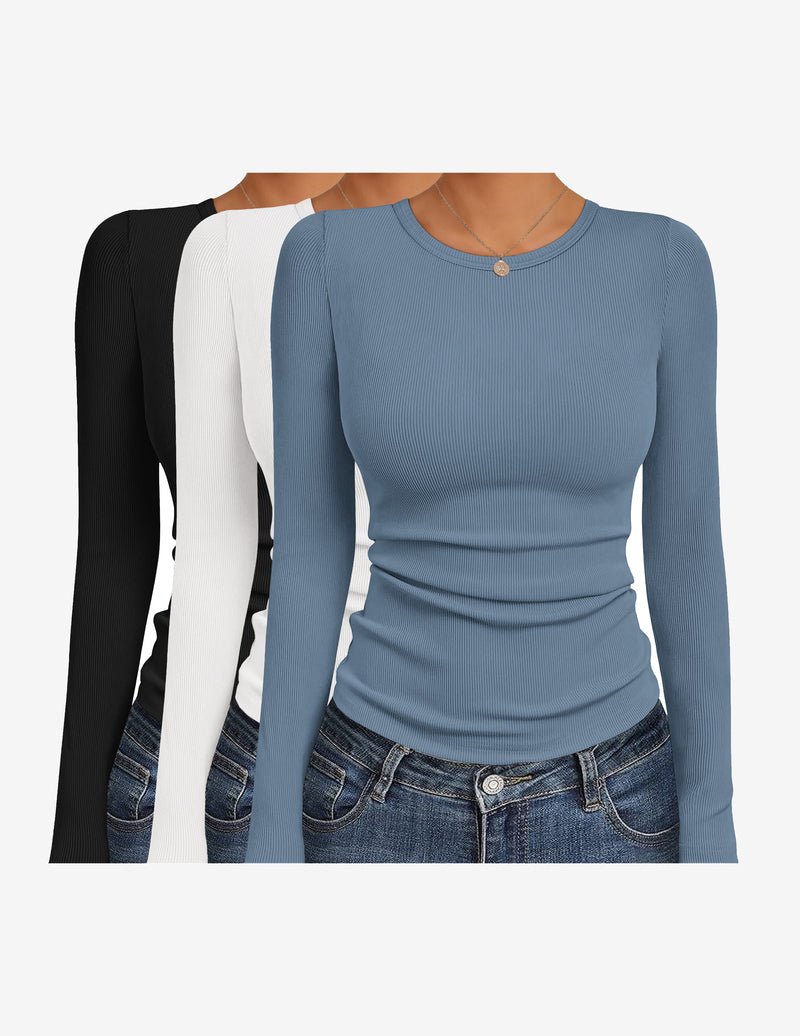 3er-Pack Langarmshirts in Schwarz, Weiß und Hellblau mit Rundhalsausschnitt