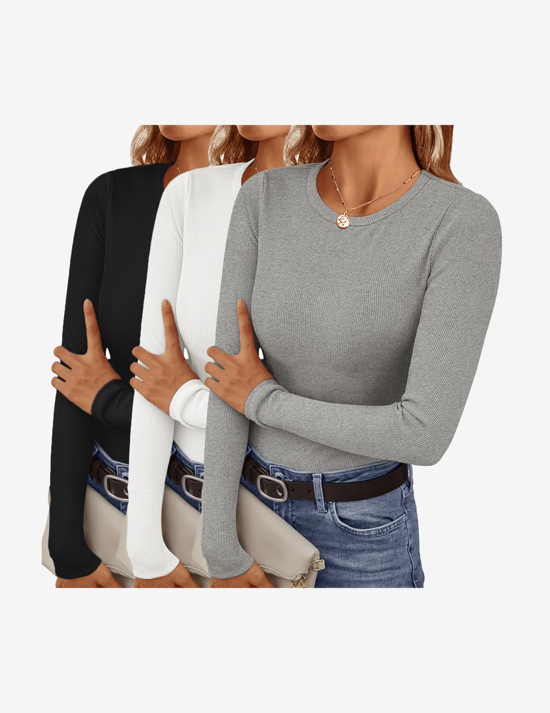 3er-Longsleeve Tops mit Rundhalsausschnitt; Schwarz, Weiß, Grau