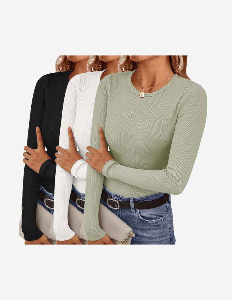 3er-Longsleeve Tops mit Rundhalsausschnitt; Schwarz, Weiß, Salbeigrün