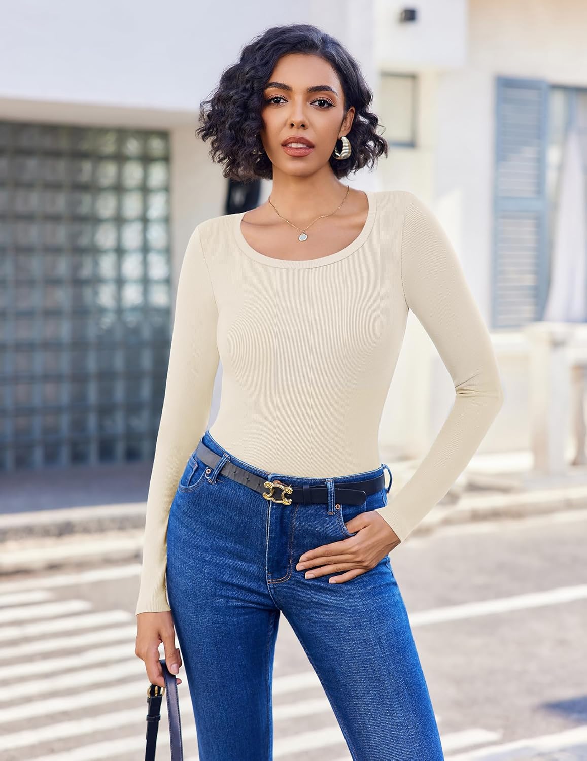Long sleeve ribbed scoop neck top, beige/cream