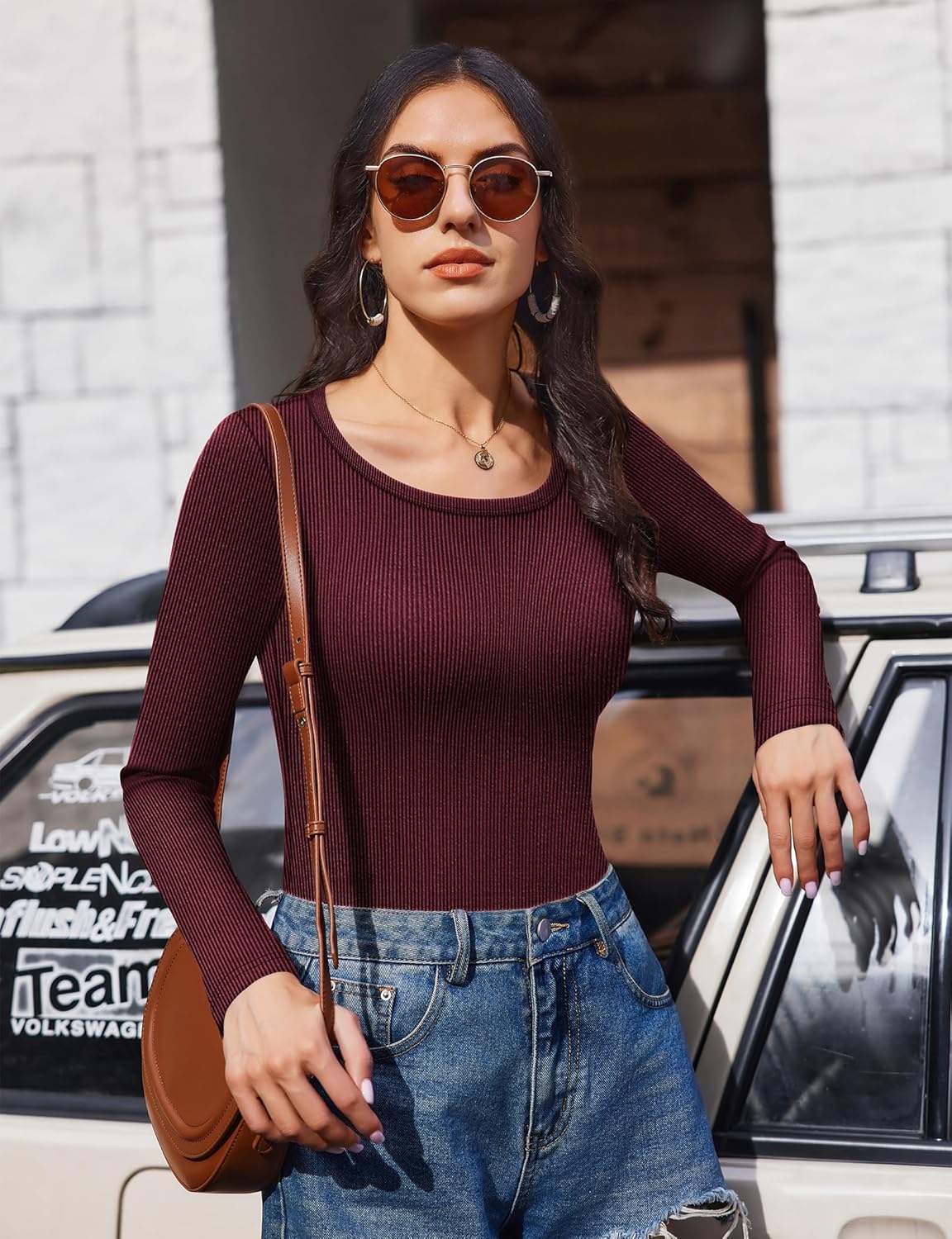 Long sleeve ribbed scoop neck top, burgundy