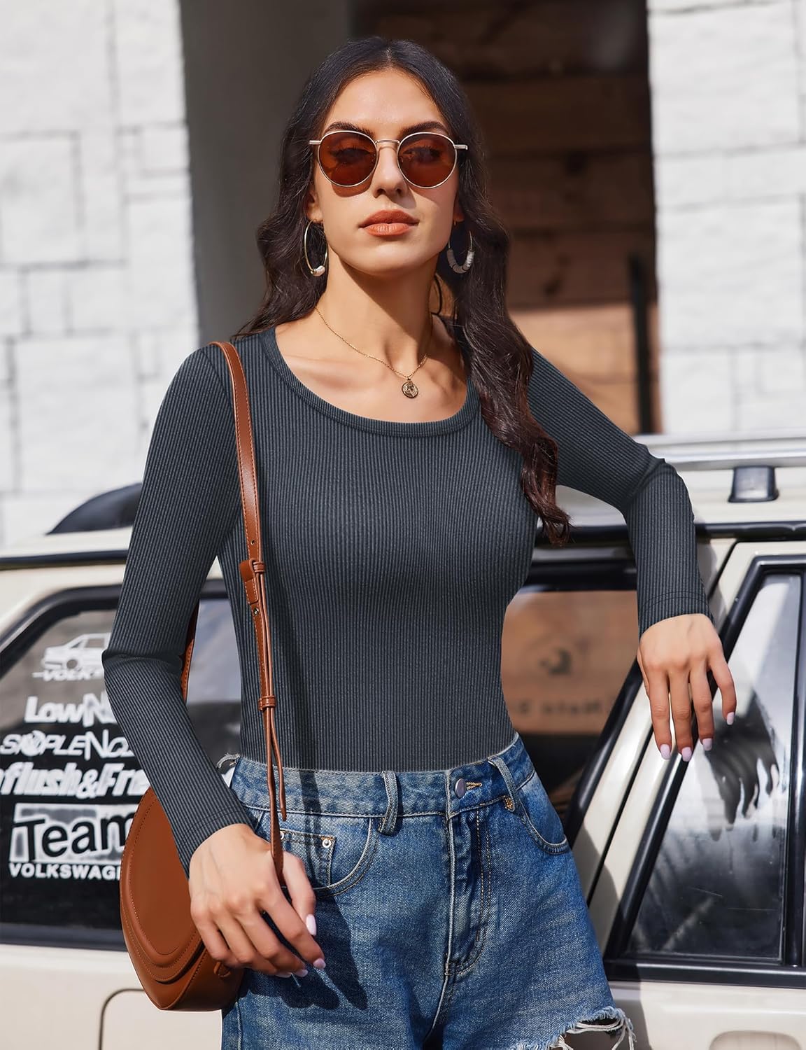 Long sleeve ribbed scoop neck top, dark grey