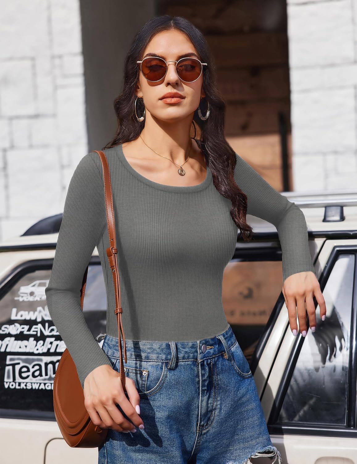 Long sleeve ribbed scoop neck top, khaki green