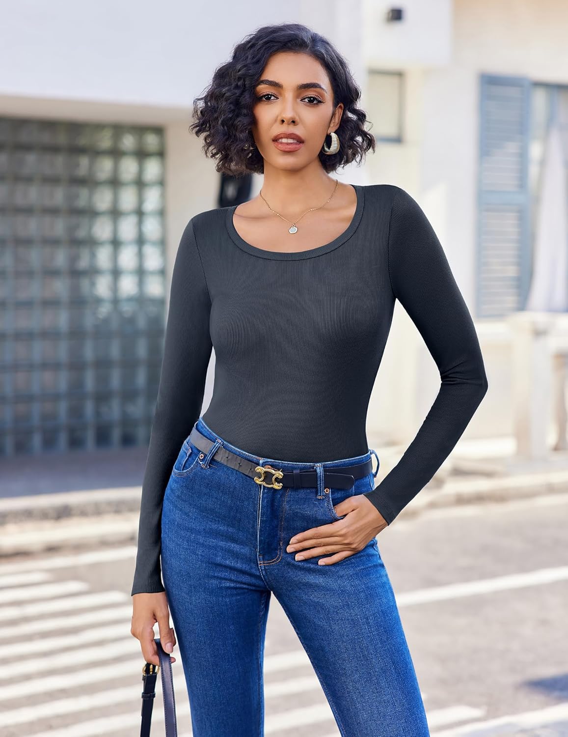 Long sleeve ribbed scoop neck top, dark grey