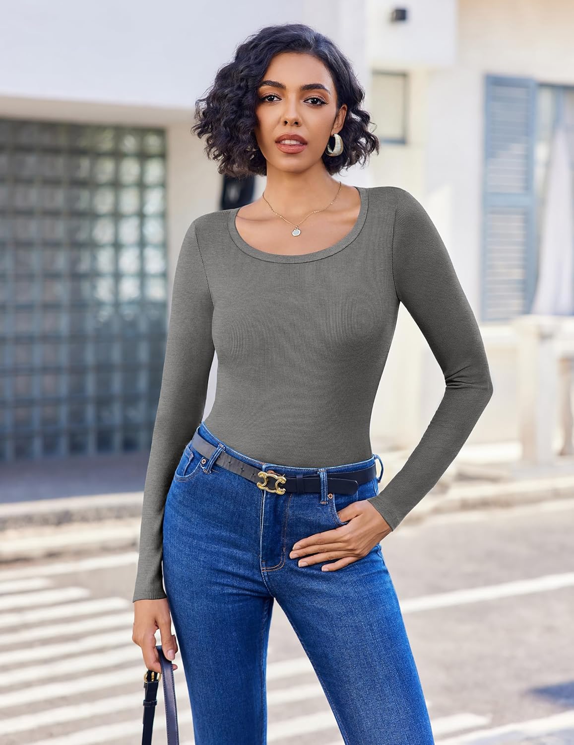 Long sleeve ribbed scoop neck top, khaki grey