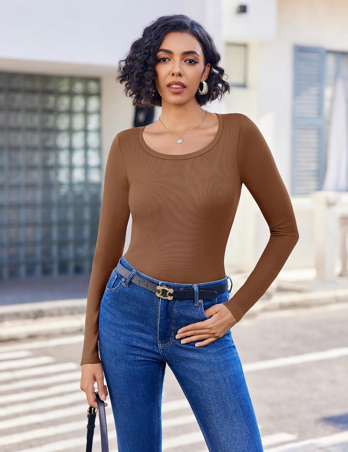 Long sleeve ribbed scoop neck top, brown