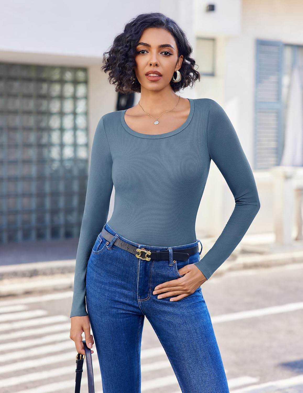 Long sleeve ribbed scoop neck top, Salvia Blue