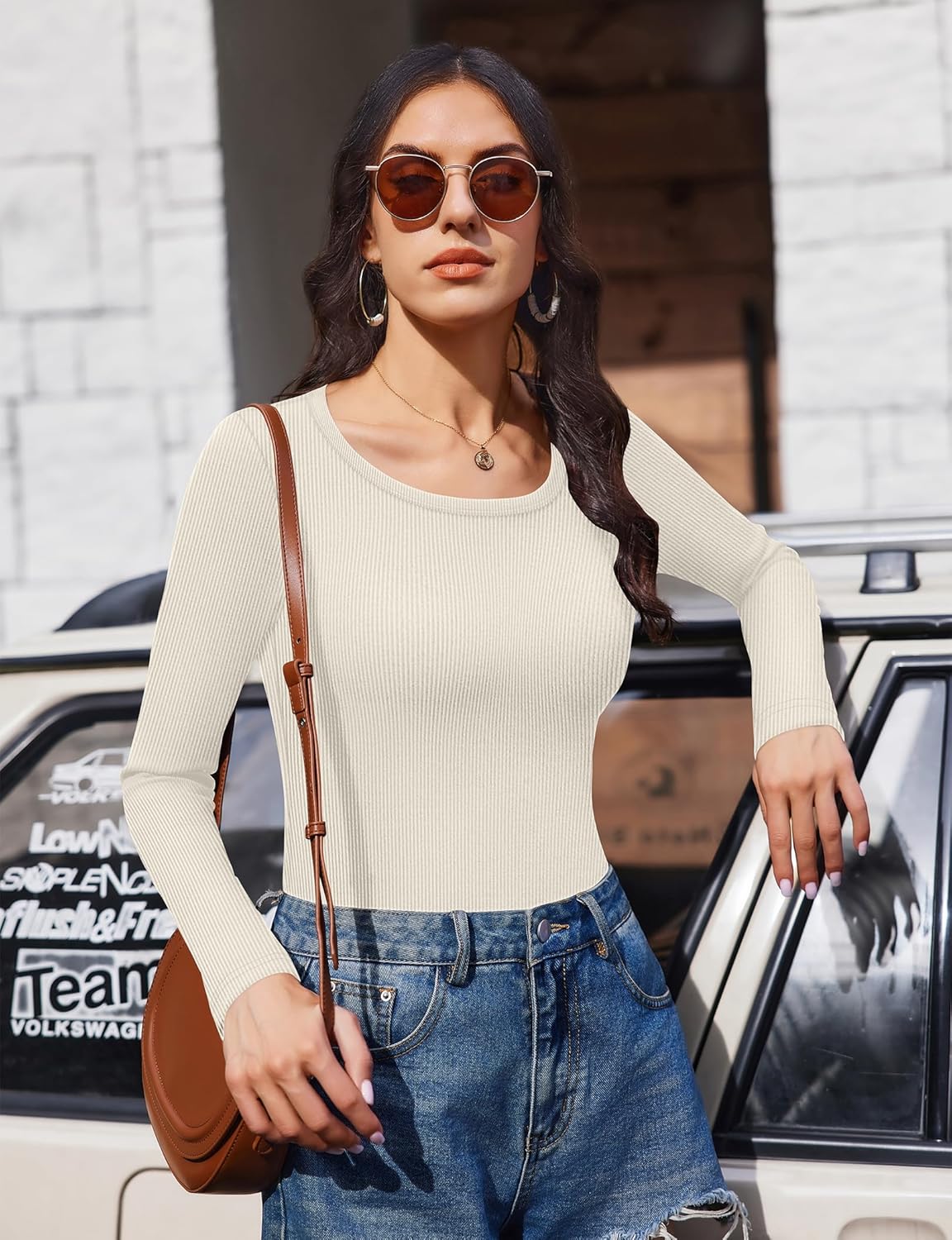 Long sleeve ribbed scoop neck top, beige color