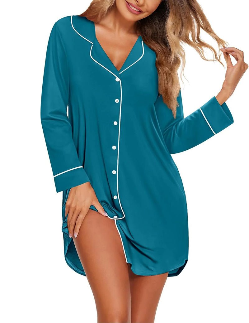 Teal long sleeve sleep shirt dress with white piping and button-front