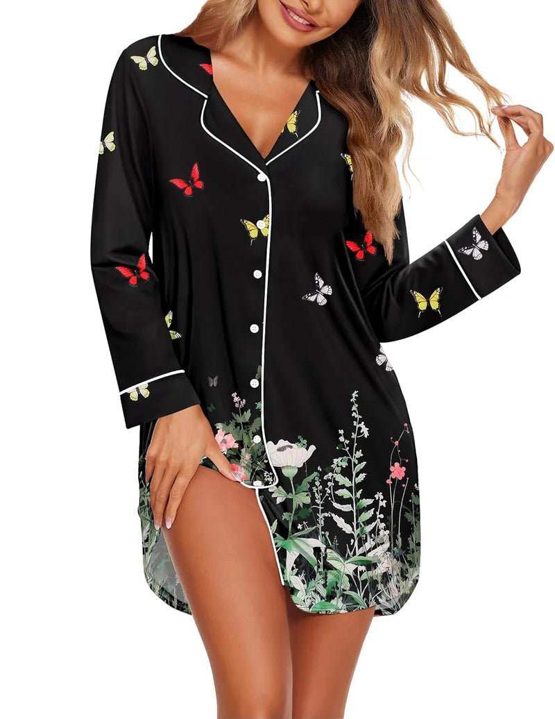 Black floral butterfly print sleep shirt dress with white piping and button-front