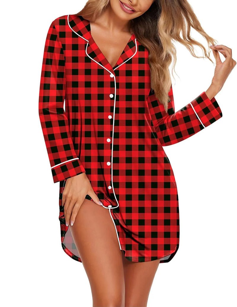 Red and black plaid long-sleeve sleepshirt dress with button front and white trim