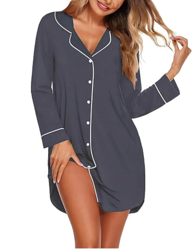 Dark gray long sleeve sleep shirt dress with white piping and button-front