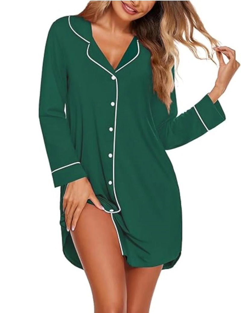 Sleepshirt Pajama Dress, long sleeves, button front, dark green with white trim