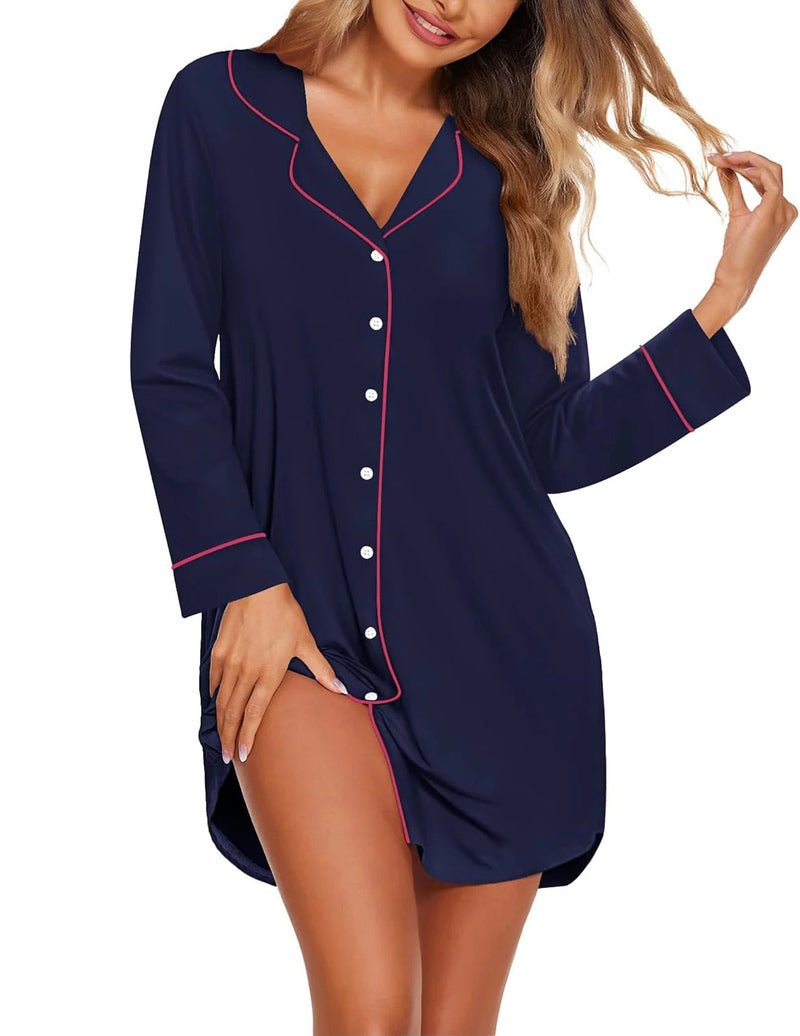 Sleepshirt Pajama Dress, long sleeves, button front, navy blue with red trim