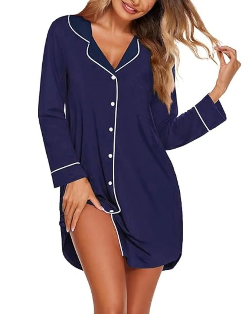 Navy long sleeve sleep shirt dress with white trim and button-front