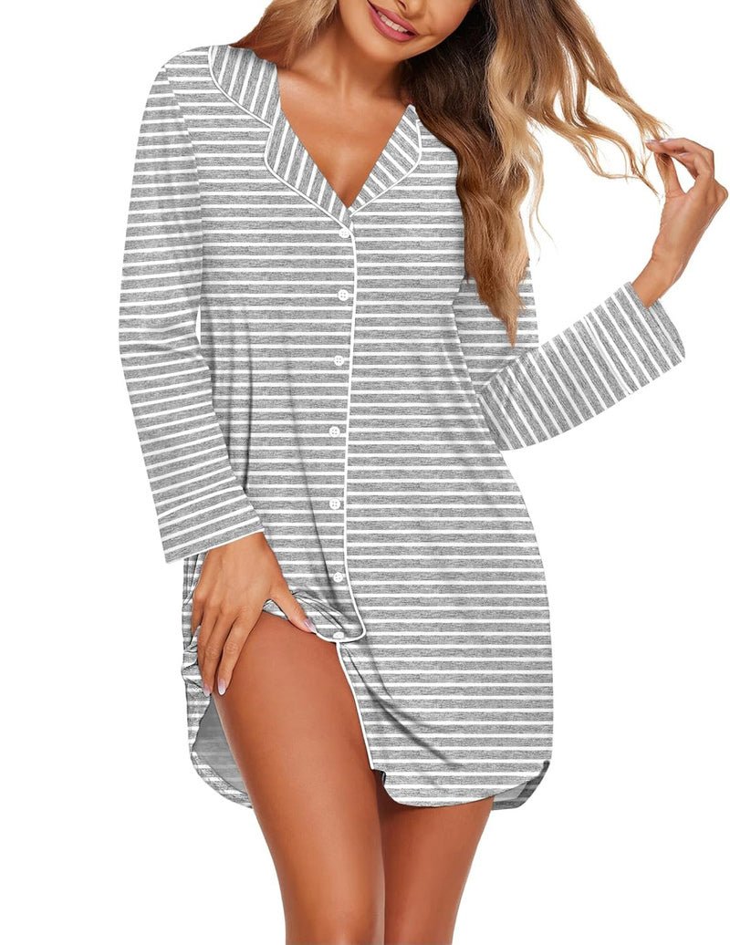 Sleepshirt Pajama Dress, long sleeves, button front, gray-and-white stripes