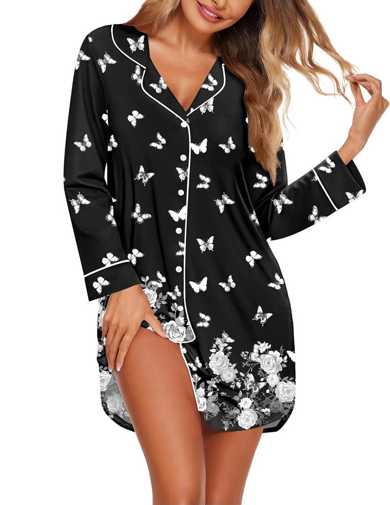 Black printed sleep shirt dress with butterfly pattern and white trim, button-front