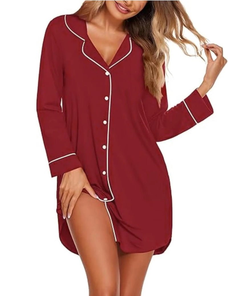 Wine red long sleeve sleep shirt dress with white trim and button-front
