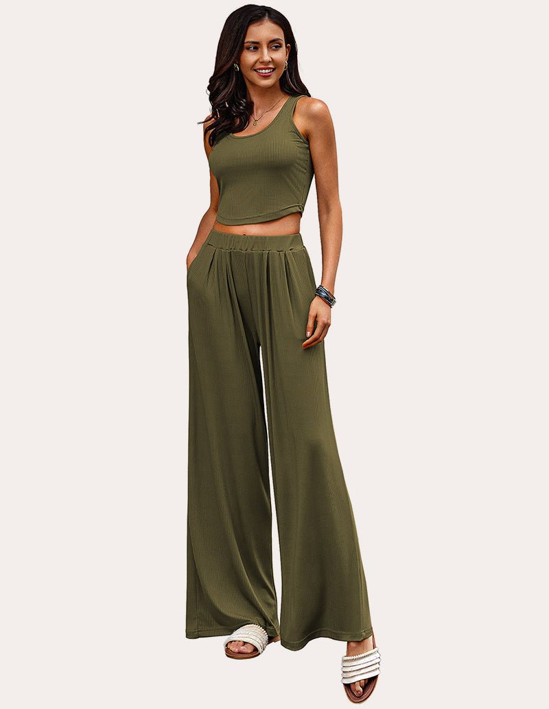 Army green ribbed crop top and wide-leg lounge pajama pants set