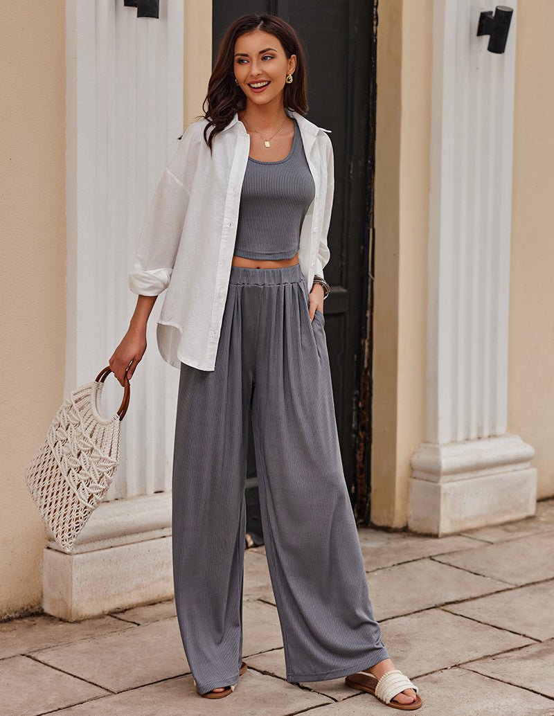 Ribbed crop top and wide-leg pajama pants set, gray with scoop neck