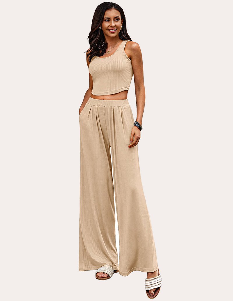 Khaki ribbed crop top and wide-leg pajama pants set