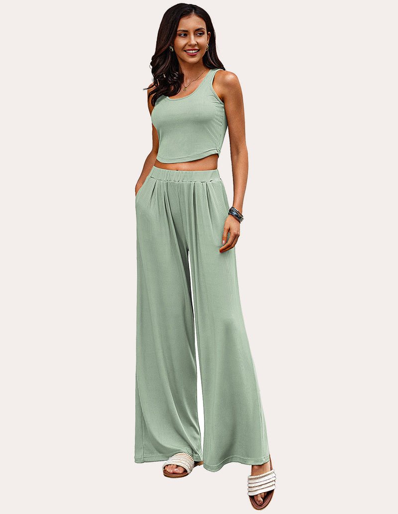 Light green ribbed crop top and wide-leg pajama pants set