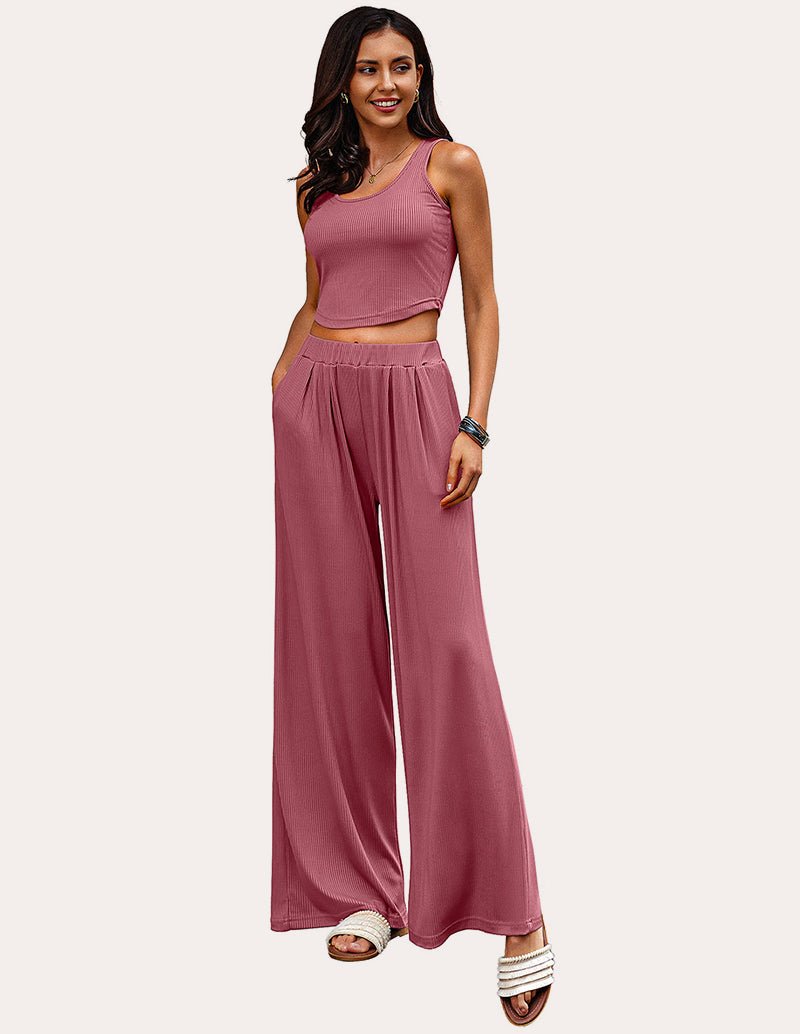 Rose ribbed crop top and wide-leg pajama pants set