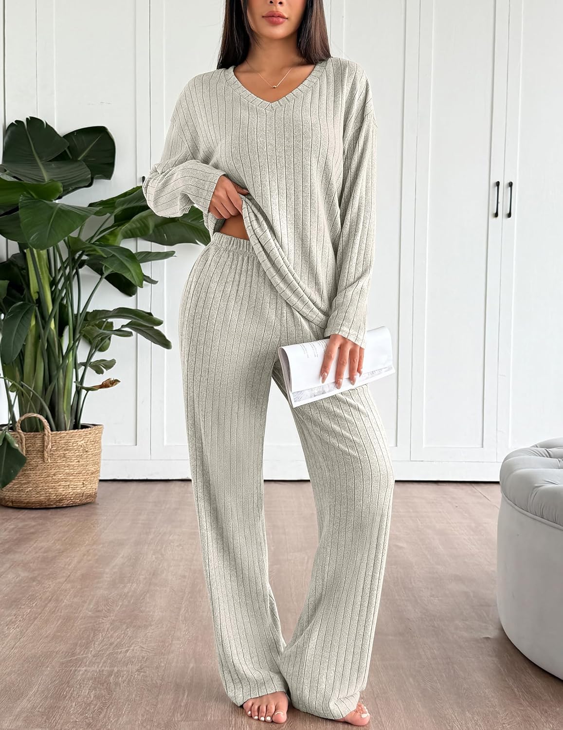 Light gray ribbed knit pajama set: long-sleeve V-neck top and matching pants