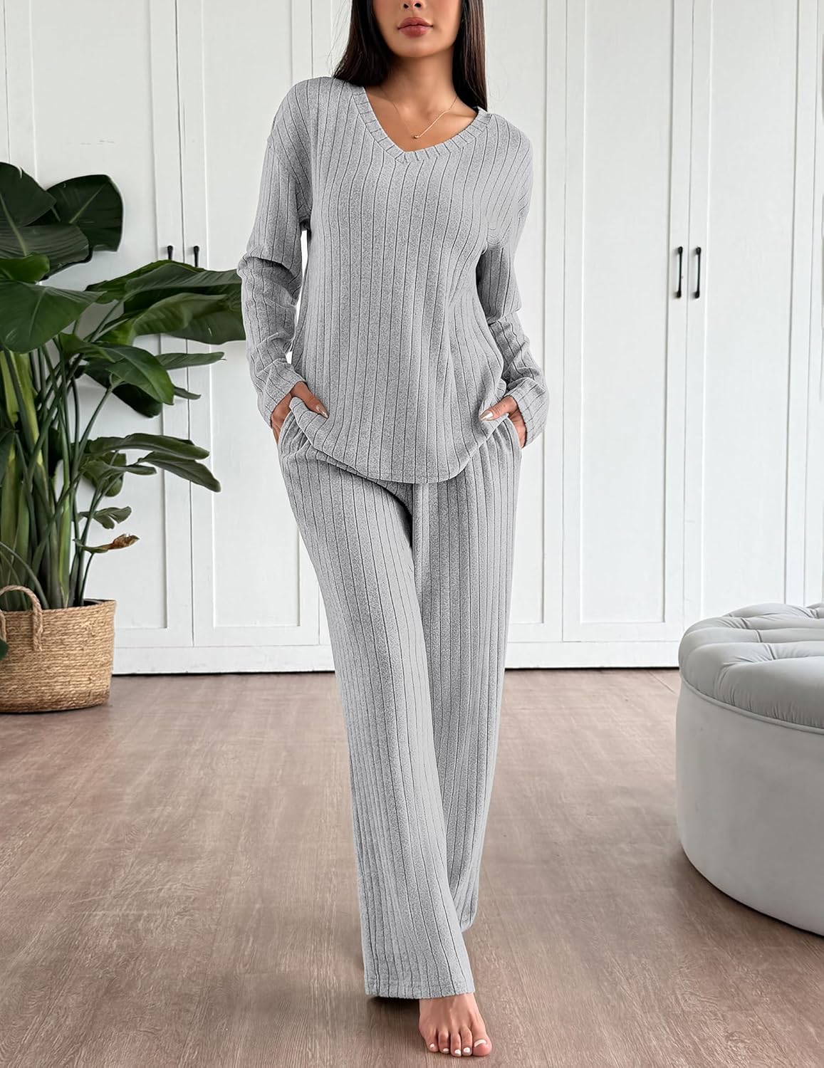 Gray long-sleeve ribbed knit pajama set with V-neck top and matching wide pants