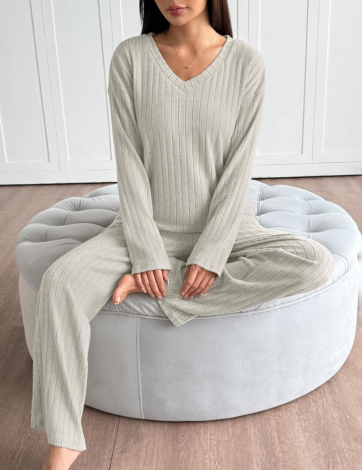 Light gray lounge pajama set: V-neck long-sleeve top with ribbed knit trousers